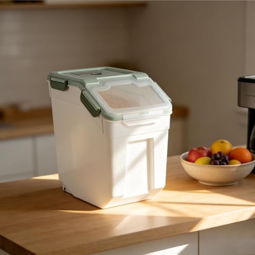 RUIAN Large Airtight Storage Container,25lb Flour Rice Storage Containers Bin with Wheels Seal Locking Lid, with Measuring Cup&Scoop for Flour, Rice, Grain100LBS Total(Green, 4PCS) - color: Green4Pack 25Lb