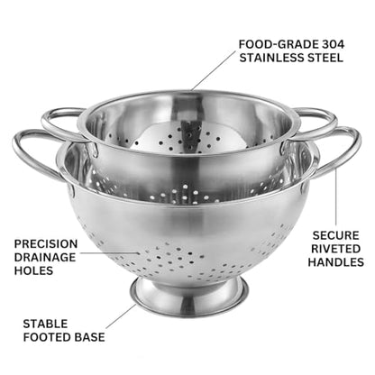 2 Pack Stainless Steel Colander Set with Handles - Heavy-Duty Nesting Strainers (5 Qt, 1 Qt) for Pasta, Rice, Vegetables, Rust-Proof Kitchen Drainer Bowls