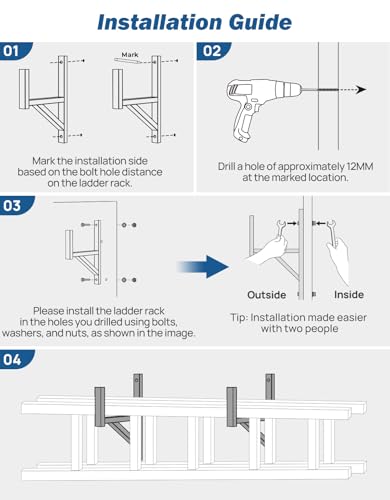 Joytutus Heavy Duty Steel Trailer Ladder Rack, 2 Racks Side Mount with Bungee Cords, 353LB Capacity for Enclosed and Open Trailer, Vans, Trucks, Garages Side Wall