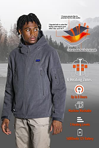 ANTARCTICA GEAR Heated Jacket with 12V 16000mAh Battery Pack, Polar Fleece Coat for Men Women, Fit Zip Hood Winter Jacket - color: Grey, size: Small