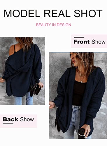 Dokotoo Womens 2025 Winter Long Sleeve Solid Fuzzy Fleece Open Front Hooded Cardigans Jacket Coats Outerwear with Pocket - color: A Navy, size: Small