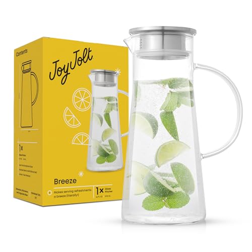 JoyJolt Glass Pitcher with Lid - 50oz Borosilicate Water Carafe, Jug with Stainless Steel Lid for Iced Tea, Lemonade, Juice, Mixed Drinks - size: 50 Ounces