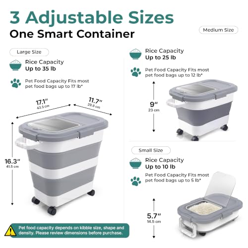 Collapsible Rice Storage Container 25–35 lbs, Airtight, Space-Saving Food Storage Bin with Wheels and Measuring Cup, Easy-Pour Grain Dispenser for Rice, Flour and Pet Food