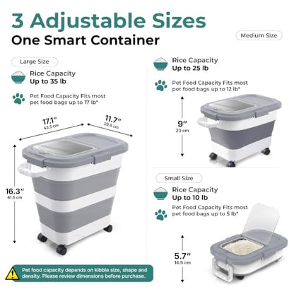 Collapsible Rice Storage Container 25–35 lbs, Airtight, Space-Saving Food Storage Bin with Wheels and Measuring Cup, Easy-Pour Grain Dispenser for Rice, Flour and Pet Food