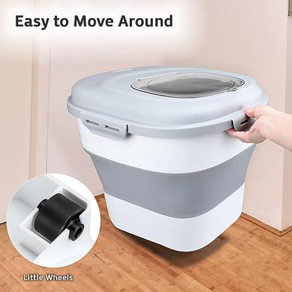 Komzon Rice Storage Bin Cereal Containers, 13-50lb Collapsible Rice Container Dispenser with Transparent Lid, Rolling Wheels, Measuring Cup and Scoop, Airtight Dog Cat Pet Food Storage Container White - color: White