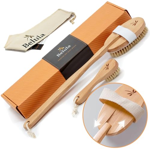 Belula 100% Boar Bristle Dry Brushing Body Brush Set, Face Brush, Gloves