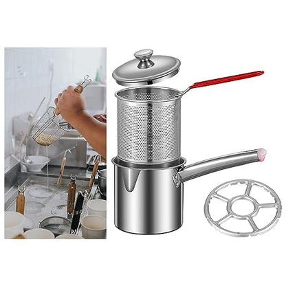 Stainless Steel Deep Fryer Pot Small Deep Fryer Pot Multifunction with Strainer Basket Butter Warmer Pot Milk Pan for Home Restaurant, Burner Rack 1.2L