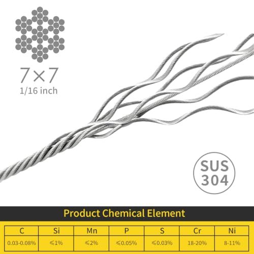 1/16 Wire Rope, 1500FT 304 Stainless Steel Cable with 400Pcs Crimp Sleeves, Aircraft Grade, 7x7 Strand, 368lbs Breaking Strength, for Garden Trellis, Clothesline, Railing,Trellis - size: 1500 ft