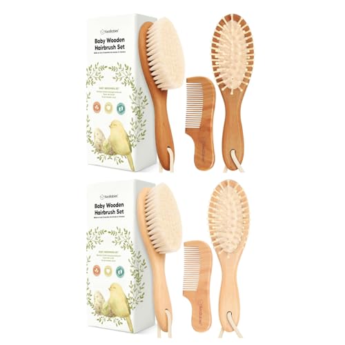 Keababies Wooden Baby Hair Brush Set for Newborns, Toddlers - Soft Goat Bristle Baby Brush and Comb Set Newborn Grooming Kit for Cradle Cap Care, Durable & Gentle,Boy,Girl Infant Essentials