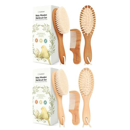 Keababies Wooden Baby Hair Brush Set for Newborns, Toddlers - Soft Goat Bristle Baby Brush and Comb Set Newborn Grooming Kit for Cradle Cap Care, Durable & Gentle,Boy,Girl Infant Essentials