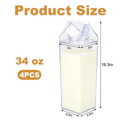 SIBAO 4 Pcs Clear Carton Water Bottles,34oz Plastic Square Milk Box, Leakproof,Portable Milk Bottles for Travel,Camping,and Sports