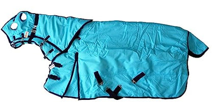 AJ Tack 1200D Waterproof Winter Horse Blanket with Hood - 400g Heavyweight Turnout with Fleece Collar, Shoulder Gussets & Tail Flap - Turquoise 66"