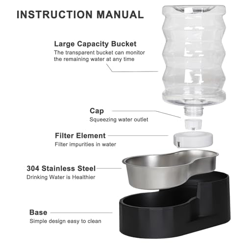 RIZZARI 7L Dog Water Bowl Dispenser:Black Stainless Steel Gravity Bowl - color: Dark Black, size: 7L