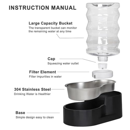 RIZZARI 7L Dog Water Bowl Dispenser:Black Stainless Steel Gravity Bowl - color: Dark Black, size: 7L