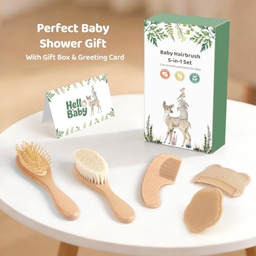 5 Piece Baby Hair Brush Set, Wooden Baby Brush and Comb Set with Natural Soft Goat Hair Bristles, Cradle Cap Brush, Baby Essentials Grooming Kit for Boy Girl