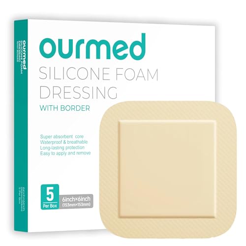 Ourmed Silicone Foam Dressing with Border Adhesive - Large Absorbent Waterproof Bandage for Wound Care, Foot Diabetic Ulcer, Leg Ulcer, 6" x 6", 5 Pack - size: 6 x 6 Inch (5PCS)