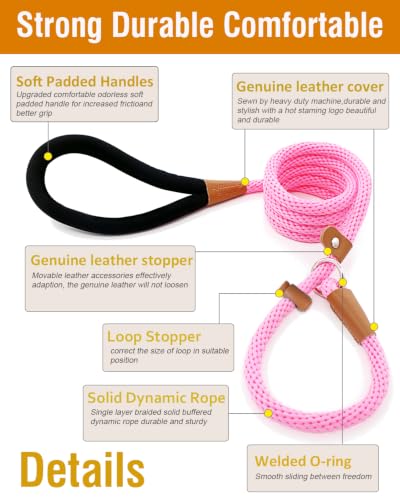 Dog Leash Slip Lead Braided Rope Pet Training Loop Leashes 5ft 6ft 8ft - color: Pink