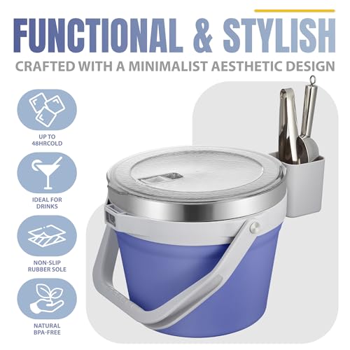 COKTIK 7L Vacuum Insulated Ice Bucket with Lid and Scoop& Tongs，Large capacity Stainless Steel Beverage Bucket for Cocktail, Champagne, Wine, Beer，Large Parties（Purple Suit） - color: Purple Suit
