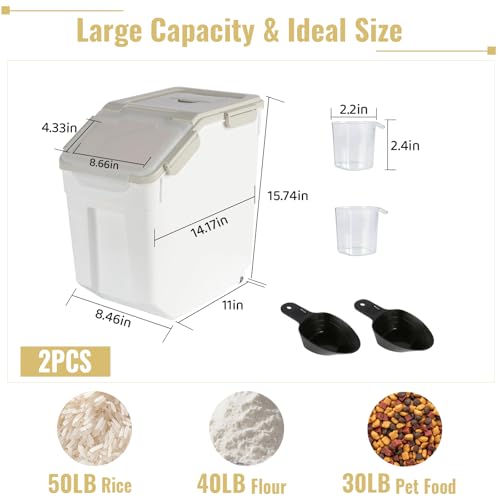 2 Pack Rice Container 50 lbs Large Bulk Flour Sugar Storage Holdhouse Plastic Grain Cereal Dry Goods Bin with Spoon and Measuring Cup for Kitchen Pantry Organization - Grey - color: Grey