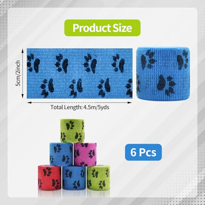 6 Roll 2 Inch x 5 Yards Paw Print Pet Vet Wrap for Dogs Cats, Cohesive Bandages in Bulk, Colorful Non-Woven Self Adhesive Bandages Wrap Roll for Pet Animals Wound Care, Ankle Sprains and Swelling