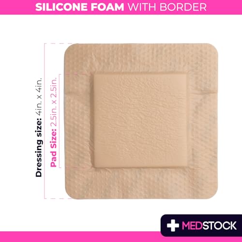 MEDSTOCK Silicone Foam Dressing with Border, 4"x4" (Pack of 10), Wound Care, Super Absorbent, Atraumatic Removal, Five Layers, Waterproof, Seals Wound Edges, No Adhesion Loss - size: 4"x4" (Pack of 10)