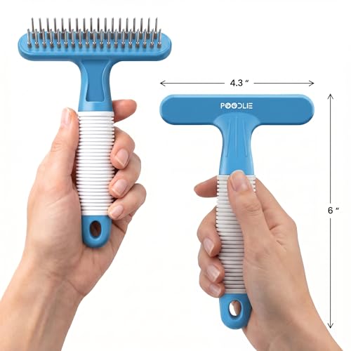 POODLIE Poodle Pet Dog Grooming Rake | Dematting Tool with Stainless Steel Shedding Comb for Pets | 2 Rows of Pins Gently Remove Loose or Tangled Hair from Undercoat (Blue) - color: Blue