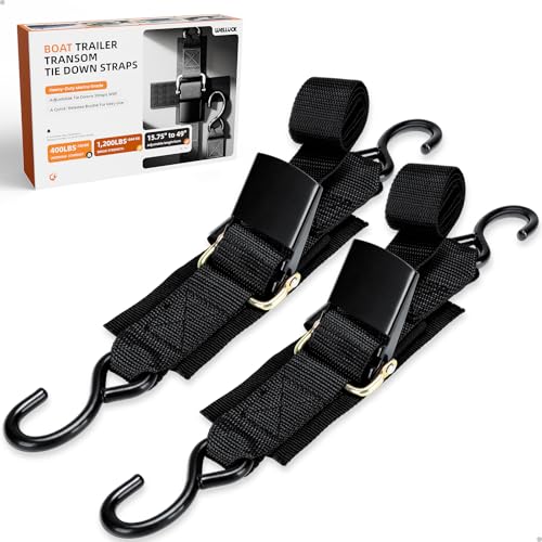 WELLUCK Boat Trailer Transom Tie Downs Straps 1200 LBS, 2" x 4' Adjustable Boat Buckle Transom Tie Downs to Trailer, Marine, Jet ski, Pontoon, with Quick Release Buckle & Anti-Scratch Hooks - color: Black