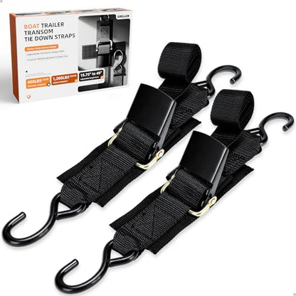 WELLUCK Boat Trailer Transom Tie Downs Straps 1200 LBS, 2" x 4' Adjustable Boat Buckle Transom Tie Downs to Trailer, Marine, Jet ski, Pontoon, with Quick Release Buckle & Anti-Scratch Hooks - color: Black