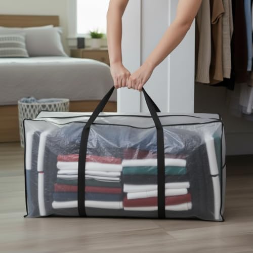 68.5 GAL 2 Pack XXL Jumbo Extra Large Heavy Duty Stronger Handles Storage Bags Moving Totes Zippered Reusable Wrap Around Handle Storage Totes (Translucent/Semi-Transparent)