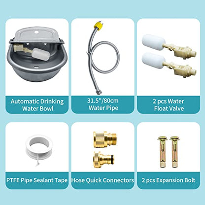 Automatic Animal Drinking Water Bowl, 304 Stainless Steel Waterer for Dog Horse Goat Pig Cow, Livestock Water Trough Dispenser with Pipe Hose, 2 Float Valves, Quick Connecter, Expansion Bolt