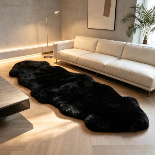 Genuine Sheepskin Rug Natural Wool Fluffy Soft Like Cloud|2 * 6 FT - color: Black, size: 2' x 6' (sheepskin)