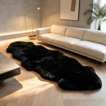 Genuine Sheepskin Rug Natural Wool Fluffy Soft Like Cloud|2 * 6 FT - color: Black, size: 2' x 6' (sheepskin)