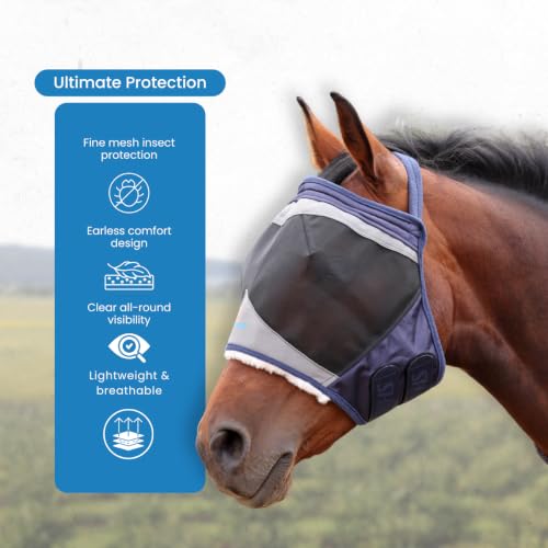 Shires FlyGuard Pro Fine Mesh Earless Fly Mask – Extra Full Size | Lightweight Polyester Fly & Insect Protection | Breathable Fine Mesh for Turnout, Grazing & Stable Use | Navy Colour - color: Navy, size: Extra Full