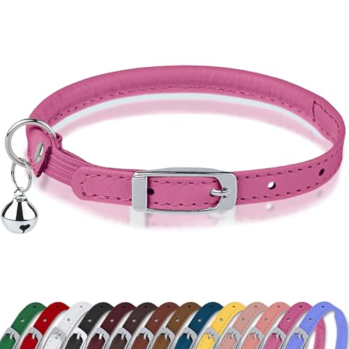 OOPSDOGGY Rolled Leather Cat Collar with Bell, Reflective Kitten Collars with Buckle Include Safety Elastic Strap - Adjustable Small Pet Collars for Boy Girl Cats (Fucsia) - color: Fucsia