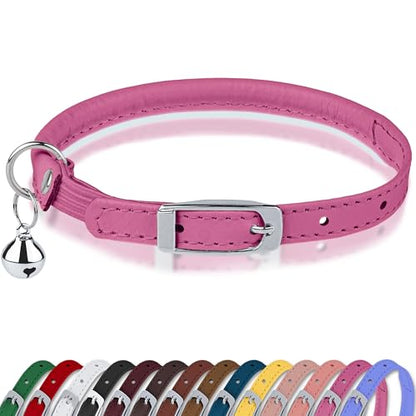 OOPSDOGGY Rolled Leather Cat Collar with Bell, Reflective Kitten Collars with Buckle Include Safety Elastic Strap - Adjustable Small Pet Collars for Boy Girl Cats (Fucsia) - color: Fucsia