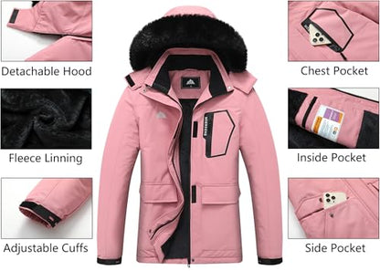 MOERDENG Women's Ski Jacket Waterproof Warm Winter Coat - color: Pink, size: X-Large