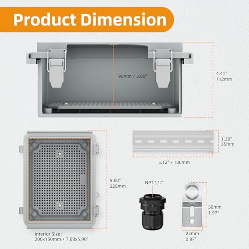Joinfworld Outdoor Electrical Box Waterproof 8.7x6.7x4.3 | IP67 Waterproof Outdoor Junction Box, Stainless Latch, DIN Rail & 2 NPT1/2 Glands for Solar, Network, Irrigation & DIY - size: 8.7"x6.7"x4.3"