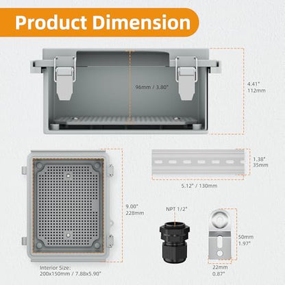 Joinfworld Outdoor Electrical Box Waterproof 8.7x6.7x4.3 | IP67 Waterproof Outdoor Junction Box, Stainless Latch, DIN Rail & 2 NPT1/2 Glands for Solar, Network, Irrigation & DIY - size: 8.7"x6.7"x4.3"