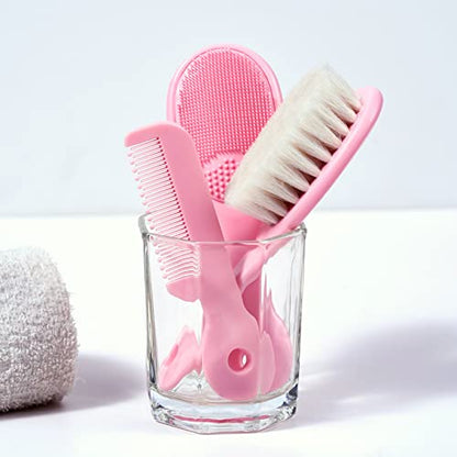 BRADYS HOUSE - 3 Piece Baby Hair Brush and Comb Set for Newborns and Toddlers (Pink)