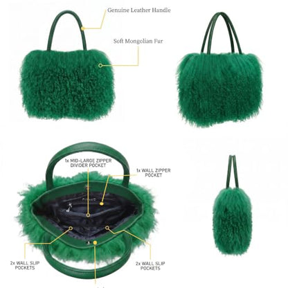 Women Luxury Real Curly Mongolian Lamb Fur Purse - color: Green