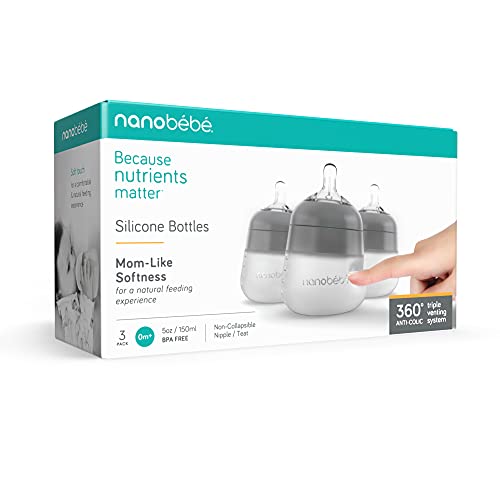 Nanobebe Flexy Silicone Baby Bottle, Anti-Colic, Natural Feel, Non-Collapsing Nipple, Non-Tip Stable Base, Easy to Clean 3-Pack, Gray, 5 oz - color: Grey, style: 5 Ounce 3-Pack