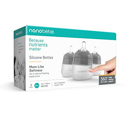 Nanobebe Flexy Silicone Baby Bottle, Anti-Colic, Natural Feel, Non-Collapsing Nipple, Non-Tip Stable Base, Easy to Clean 3-Pack, Gray, 5 oz - color: Grey, style: 5 Ounce 3-Pack