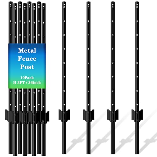 10 Pack Metal Fence Post, 3FT Heavy Duty U-Post for Wire Fence, No Dig T Posts Garden Fencing Stakes for Temporary Fencing, Electric Fence Wire, Corner Anchor - size: 3FT-10P