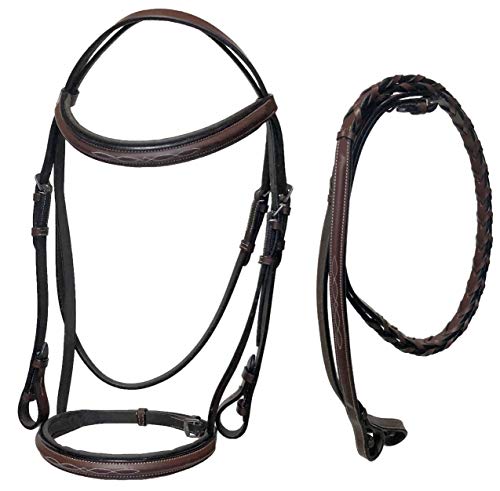 Leather English Fancy Stitch Hunter Bridle with Braided Leather Reins - color: Dark Brown, size: Cob