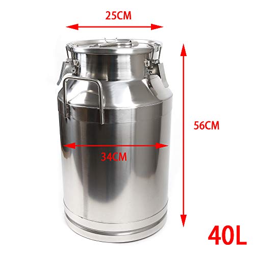 Milk Can Milk Bottle, 20/30/ 40/50/ 60L Stainless Steel Heavy Duty Milk Jug Wine Pail Bucket Square Liquid Container Storage with Embedded Silicone Sealed Lid for Home Restaurant Bar Silver (40L) - size: 40L