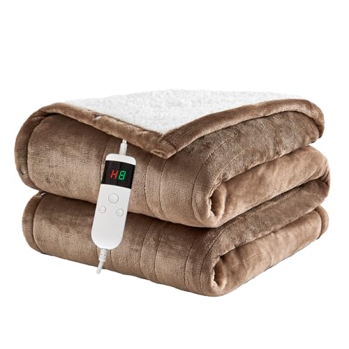 Heated Blanket Electric Throw, 50"x60" Soft Flannel Heating Blanket with 8 Hours Auto Off 10 Fast Heating Levels Machine Washable Sherpa Heated Throw Blanket with Overheating Protection - color: Camel, size: Throw(50" x 60")