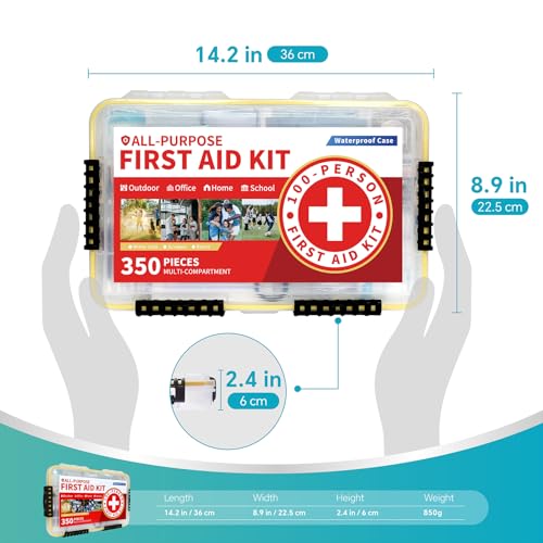 Prelady-350 Pieces All-Purpose 100-Person Emergency First Aid Kit – Waterproof Plastic Case | Clearly Organized for Fast Retrieval | Perfect for Home, Business, Workplace, Boat, Travel, Outdoor & Car