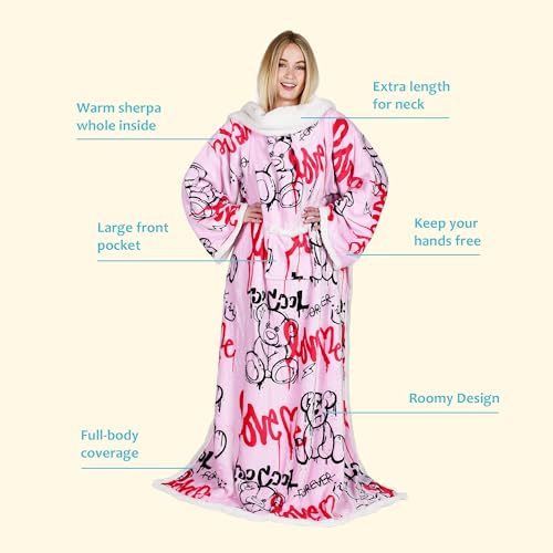 Catalonia Sherpa Wearable Blanket with Sleeves and Pocket for Adults - color: Graffiti Bear Pink, size: Standard Pocket