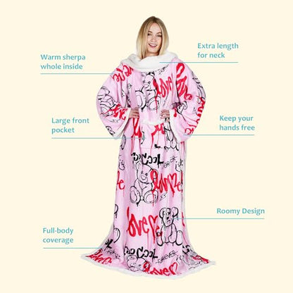 Catalonia Sherpa Wearable Blanket with Sleeves and Pocket for Adults - color: Graffiti Bear Pink, size: Standard Pocket
