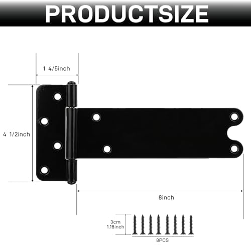 2 Pack 8” Heavy Duty Gate Hinges,300 Lbs Capacity Black Door Hinges | T Gate Hinges, Wrought Hardware for Wooden Fences, Barn Door, Screws Included (8 inches - 2 Pack) -Patent Pending - size: 8 inches - 2 Pack